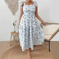 White and blue floral print boho tiered midi dress with tie-shoulder straps and square neck - 1XL / Light Blue