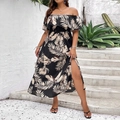 Off-Shoulder Maxikleid in Schwarz mit tropischem Blattmuster und hohem Seitenschlitz - 1XL / Schwarz