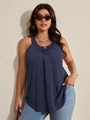 Navy blue sleeveless halter knit top with pleated crew neck and decorative button detail - 3XL / Dark Blue