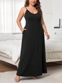 Black plus size maxi dress with U-neck and sleeveless design featuring side pockets - 1XL / Black