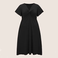 Elegant plus size black V-neck tea dress with stylish front twist detail and short sleeves - 1XL / Black