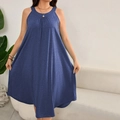 Navy blue sleeveless plus size beach maxi dress with pleated round neck and relaxed fit - 1XL / Blue