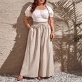 Sommerset für Damen mit weißem Puffärmel-Oberteil und beiger Leinenhose mit weitem Bein - 1XL / Khaki