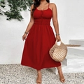 Elegant red plus size vintage slip dress with shirred waist and lace-up chest detail - 1XL / Red