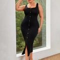 Elegante abito midi nero a costine con bottoni frontali e vestibilità aderente - 1XL / Nero