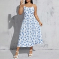 Damen A-Linie Sommer-Trägerkleid mit blauem Blumenmuster auf weißem Grund - 1XL / Weiß mit blauen Blumen