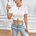White slim fit crop top T-shirt with unique heart-shaped cutout detail at the hem - S / White