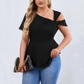 Plus size black off-shoulder top with asymmetric cutout knot shoulder and short sleeves - 1XL / Black