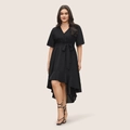 Plus size black V-neck wrap dress with asymmetric ruffle hem and waist tie - 1XL / Black