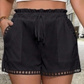 Women's plus size high waist black casual shorts with lace hem and drawstring waist - 1XL / Black