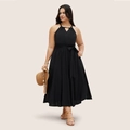 Plus size black halter dress with hollow-out neckline and waist tie for a beach vacation - 1XL / Black