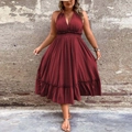 Plus size deep red halter neck V-neck vacation dress with elastic high waist and pleats - 1XL / Burgundy