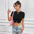 Women's black short sleeve crop top featuring a central heart-shaped cutout detail - S / Black