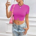 Fuchsia short sleeve crop top with heart-shaped cutout detail and round neck - S / Rose Red