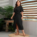 Plus size black midi dress featuring elegant twist-knot waist and side slit design - 1XL / Black