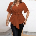 Haut cache-cœur grande taille col en V orange brûlé avec détail noué à la taille - 1XL / Orange Brûlé
