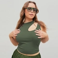 Top senza maniche in maglia a coste verde scuro con taglio asimmetrico sul petto - 1XL / Verde Militare