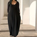 Minimalist black U-neck long dress with pockets and loose-fit maxi length silhouette - 1XL / Black