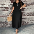Vestido largo negro de talla grande para mujer con cuello en V y botones decorativos - 1XL / Negro