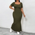 Army green plus size U-neck maxi dress in ribbed knit short sleeve bodycon style - 1XL / Army Green