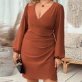Elegant brick red long-sleeved wrap dress with a deep V-neck and ruffled waist detail - 1XL / Brown