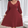 Elegant plus size wine red midi dress with V-neckline and long lantern sleeves - 1XL / Burgundy