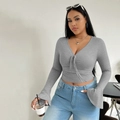 Chic grey V-neck tie-front slim long sleeve top with stylish flared cuffs for women - 1XL / Mixed Grey