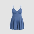 Light blue ribbed sleeveless V-neck romper with elastic waist and pleated wide-leg shorts - 1XL / Blue