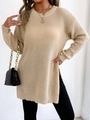 Maglione in maglia beige albicocca da donna con girocollo e spacchi laterali alla moda - S / Albicocca