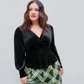 Elegantes schwarzes Samt-Oberteil mit V-Ausschnitt, geraffter Taille und Schößchen - 1XL / Schwarz