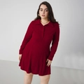 Elegant red long sleeve knit dress with lapel collar and ribbed texture for women - 1XL / Burgundy