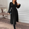 Elegant black V-neck dress with puffy long sleeves and high waist cinched midi skirt - 1XL / Black