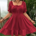 Deep red plus size summer dress with puff sleeves and ruffled hem on model - 1XL / Burgundy
