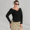 Top aderente nero a maniche lunghe con cuciture a vista e scollo a V strutturato - 1XL / Nero