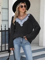 Jersey negro de mujer con cuello en V y bordado de encaje de plumas blancas estilo suelto - S / Negro