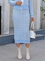 Close-up detail of light blue plaid knit texture and metallic buttons on a midi skirt suit - S / Top And Bottom / Blue