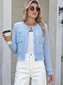 Close-up of light blue plaid knit cardigan with pearl buttons and twin flap pockets - S / Tops / Blue