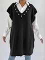 Detailed view of women's black knit vest featuring V-neckline with elegant white pearl beads - S / Black