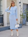 Detail of light blue plaid knit set with pearl buttons and elegant texture - S / Top And Bottom / Blue