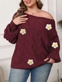 Macro-opname van een wijnrode gebreide trui met 3D-gehaakte bloemen en kabelpatroon - 0XL / Wijnrood (3D Witte Bloemen)