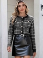 Elegant plaid knit cardigan with pearl buttons and classic round neck styling for women - S / Black
