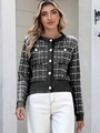 Detail of classic black and white plaid cardigan featuring elegant large pearl buttons - S / Tops / Black