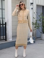 Close-up of elegant pearl button details on plaid knit cardigan and pencil skirt set - S / Top And Bottom (M1097) / Khaki
