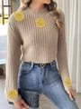 Maglia a fiori all'uncinetto con maniche a campana e collo alto per donna - S / Cachi