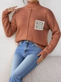 Close-up of rust red knit sweater featuring half-turtleneck and white lace patch detail - S / Tops / Coffee