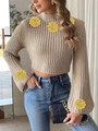 Detail of beige knit sweater featuring 3D yellow crochet flowers and chic bell sleeves - S / Tops / Khaki (5 Hand-Hooked Yellow Flowers)