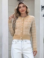 Elegant plaid knit cardigan for women with pearl buttons and vintage checkered pattern - S / Khaki