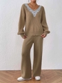 V-neck knit sweater set with wing patch and wide-leg trousers in khaki earth tones - S / Top And Bottom / Camel