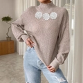 Women's mock neck knit sweater in beige featuring white 3D crochet rose applique detail - S / Apricot