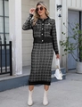Close-up of elegant black and white plaid knit suit featuring pearl buttons and tweed texture - S / Top And Bottom (M1097) / Black